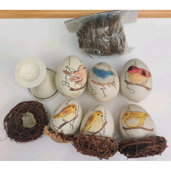 6 Ceramic Painted Bird Egg in Nest Artisan Farmhouse Decor 3.5" For Craft DIY - Picture 8 of 16